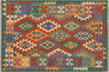 Flat Weave Kilim, Antique, Navaho, Vintage, Handmade, Geometric Kilim Blue Green Hand-Woven Rectangle 100% Wool Area Rug 3 x 5